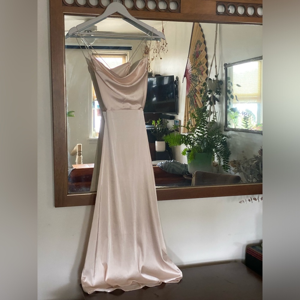 Blush-Cream Satin midi dress with a cowl neckline and a laced cross back.